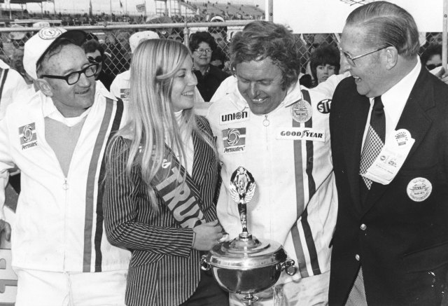 Junie Donlavey (left) with Bill Dennis after a Permatex 300 victory at Daytona. (Getty Images for NASCAR)