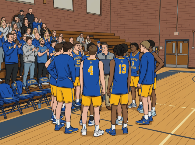 Blue Ridge College basketball players in blue and gold uniforms huddle around their coach.
