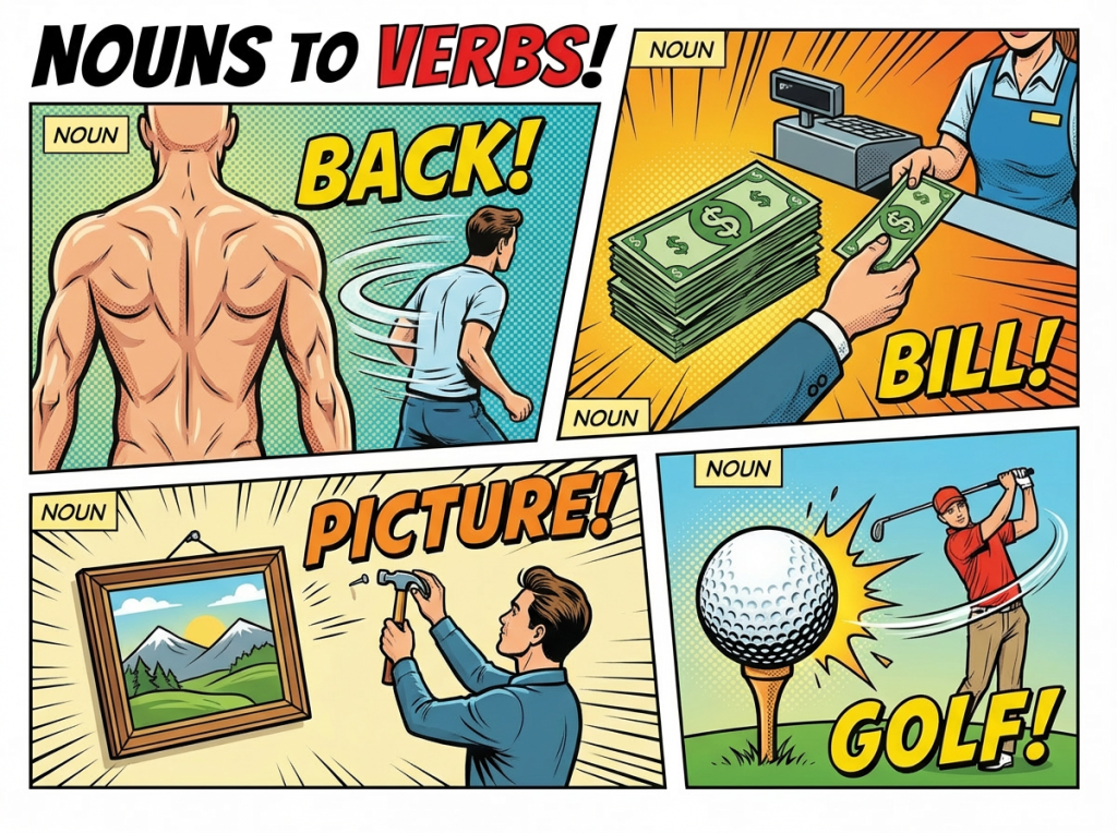 Comic NOUNS TO VERBS! NOUN clock RUN, NOUN books FLY!, FLY!, and NOUN sandwich EAT.