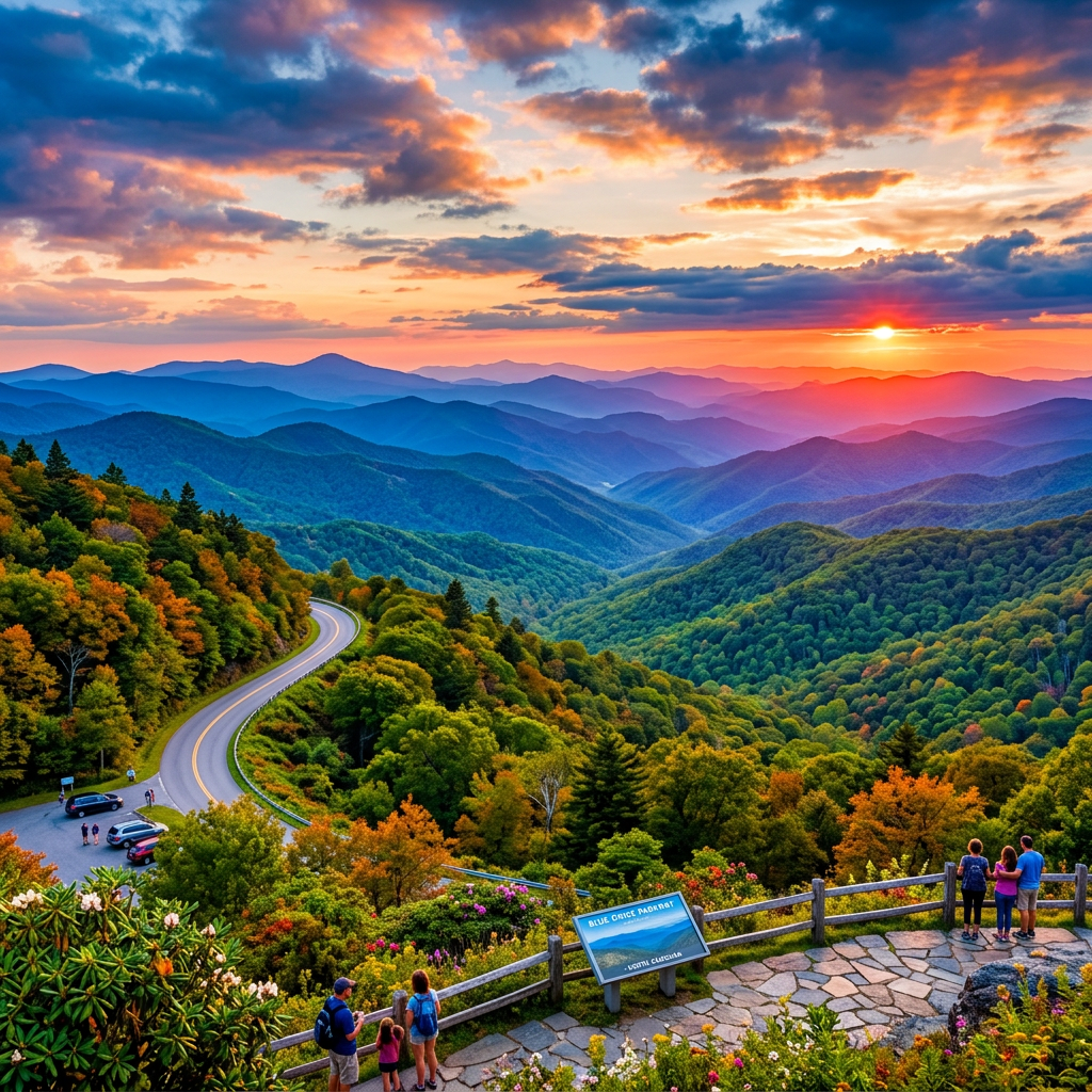 Sunset over Blue Ridge Mountains with visitors at overlook