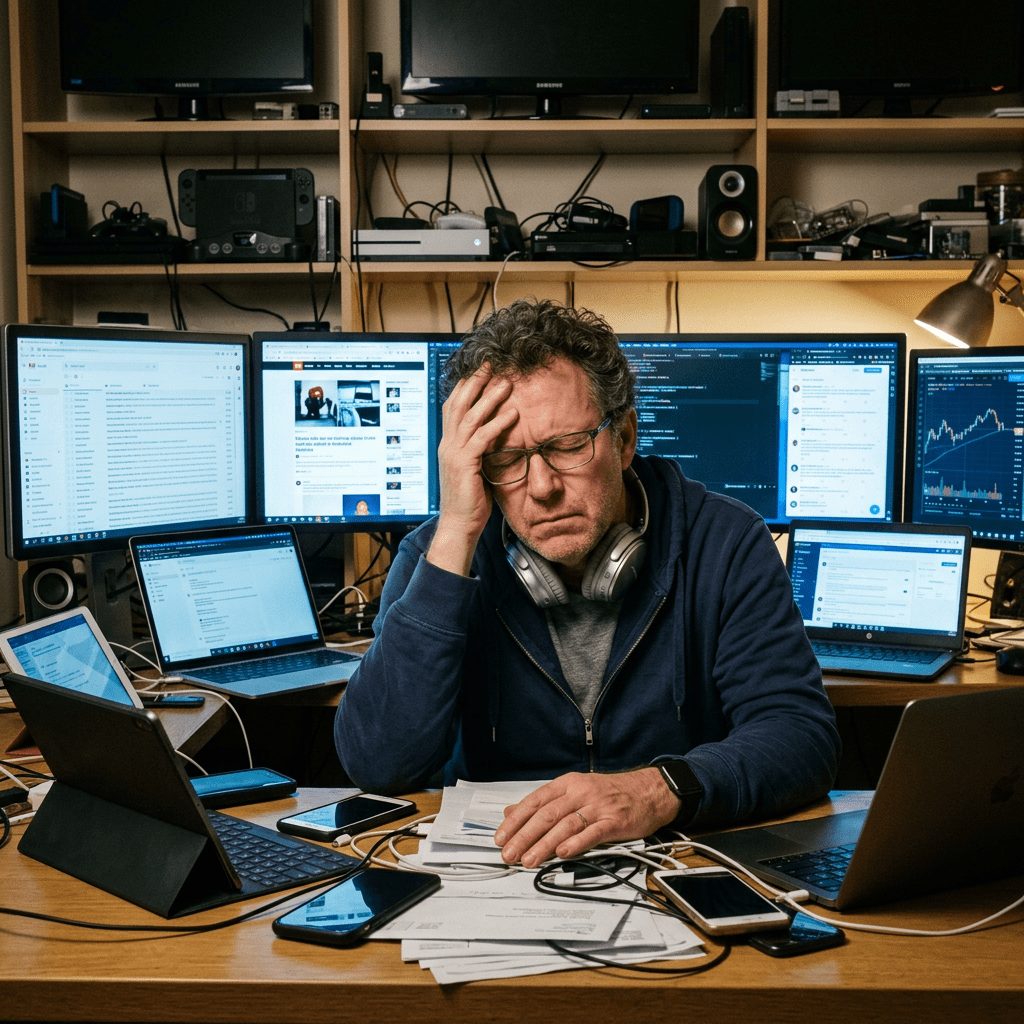 Stressed man surrounded by multiple screens, laptops, and smartphones at cluttered desk