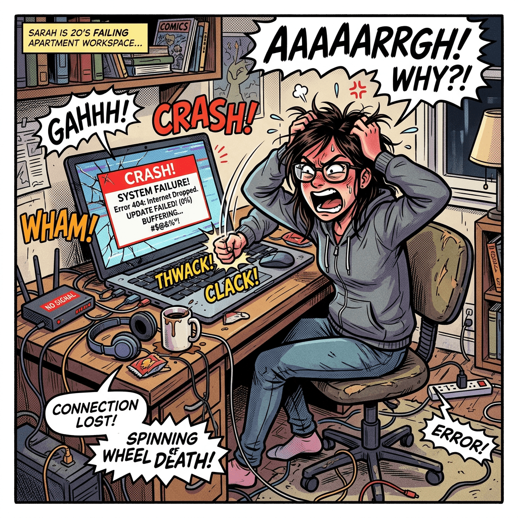 Young woman in glasses pulling her hair in frustration as a laptop displays a system failure error and no internet connection messages