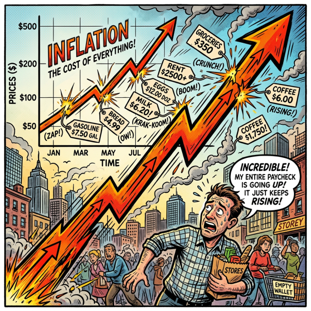 Graph showing steep inflation increase with rising prices for gasoline, bread, milk, eggs, rent, groceries, and coffee alongside worried shoppers
