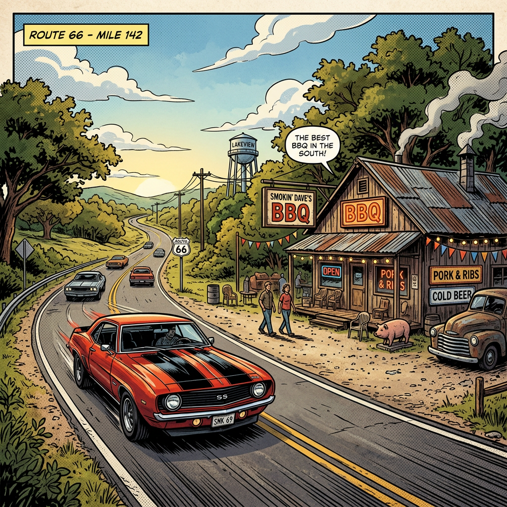 Classic red muscle car driving on Route 66 past Smokin' Dave's BBQ cabin with people and vintage truck