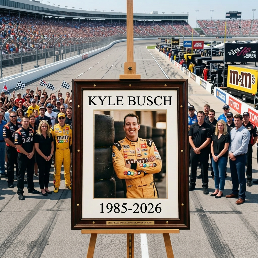 Memorial portrait of Kyle Busch at a funeral service with people mourning