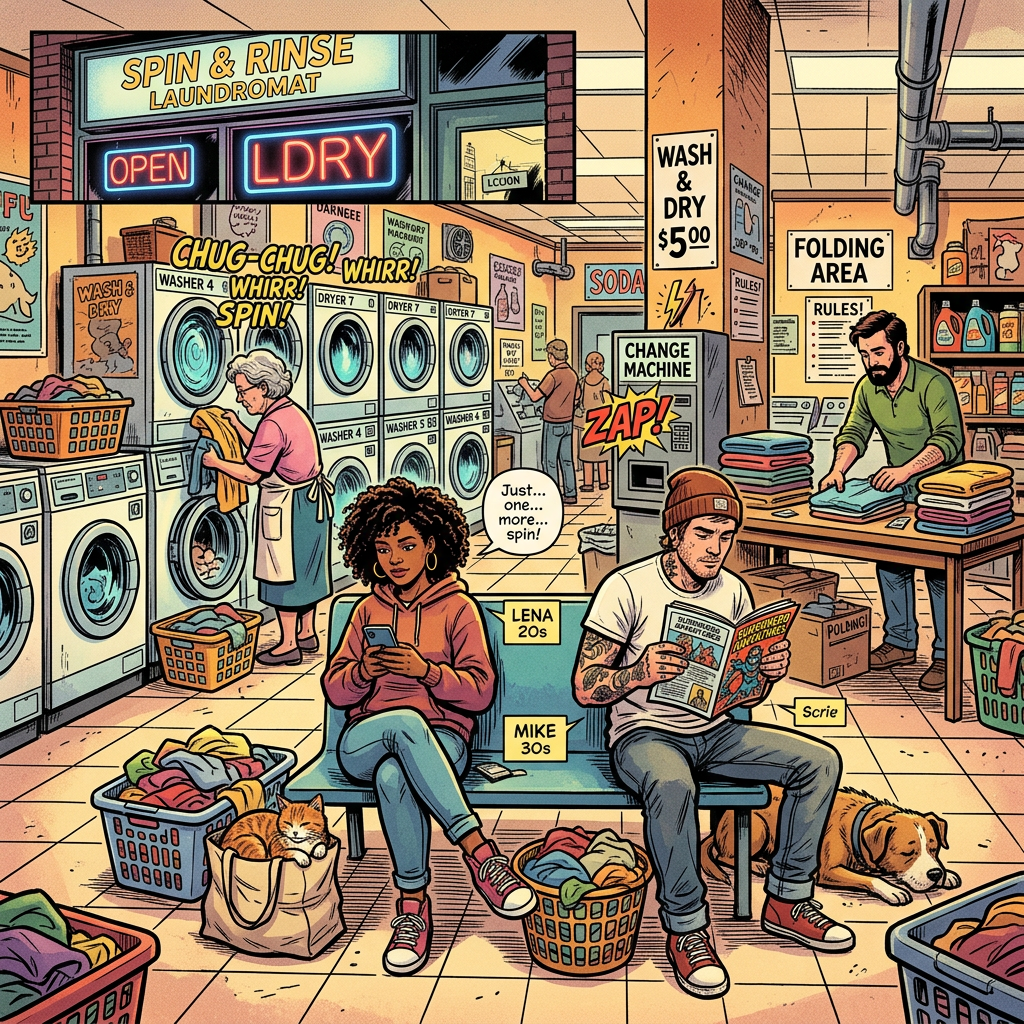 Busy laundromat interior with people folding laundry, sitting, and doing laundry