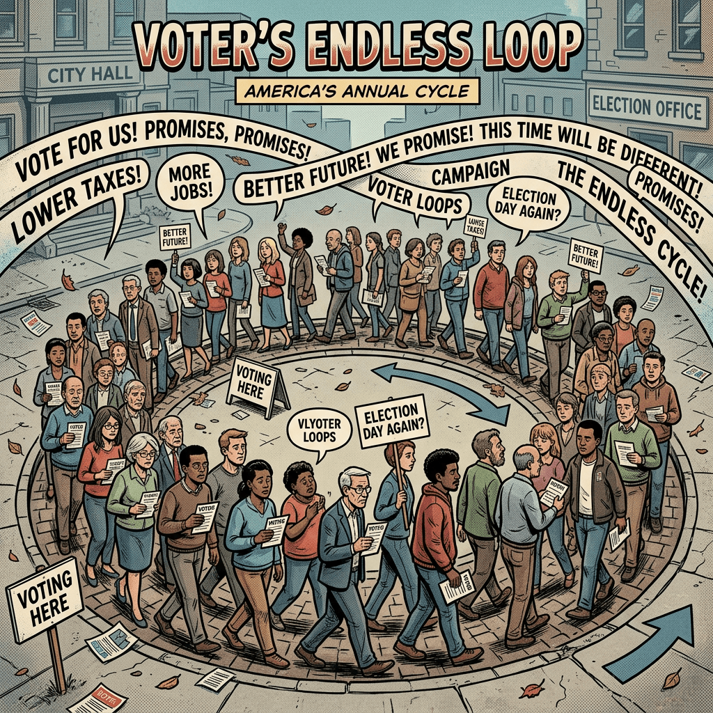 Crowd of diverse voters endlessly walking in a circular loop with speech bubbles of election promises