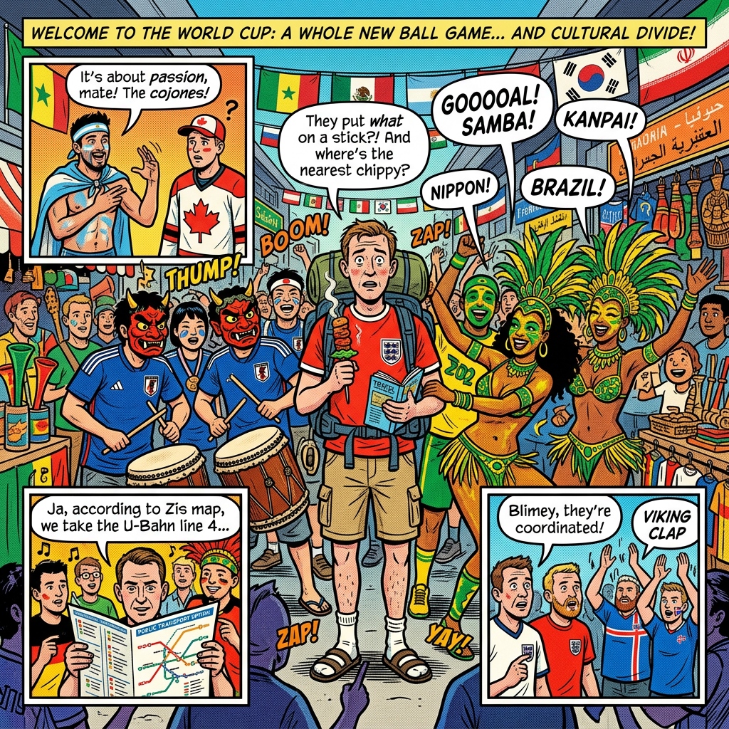 England fan confused by passionate Brazil, Japan, and other World Cup fans in colorful costumes and lively streets