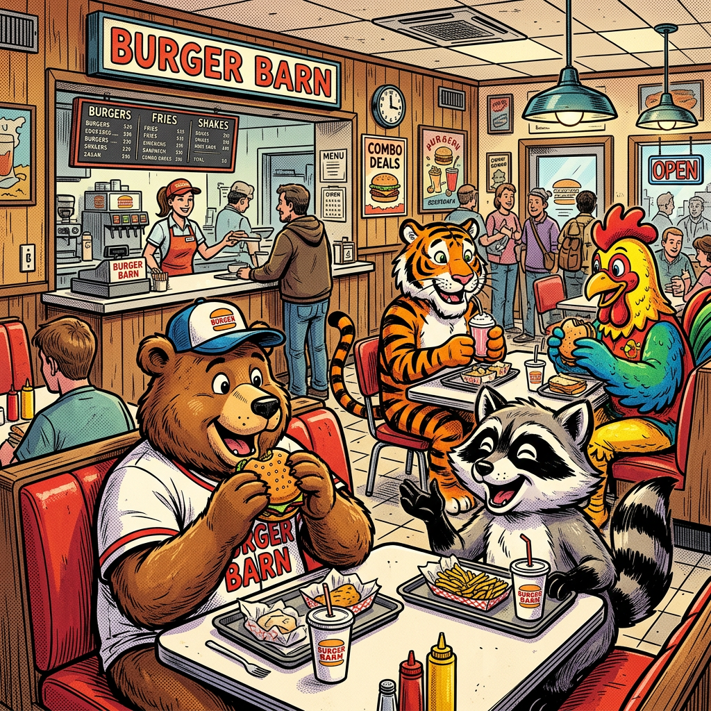 Cartoon bear, raccoon, tiger, and rooster eating burgers and fries in a diner