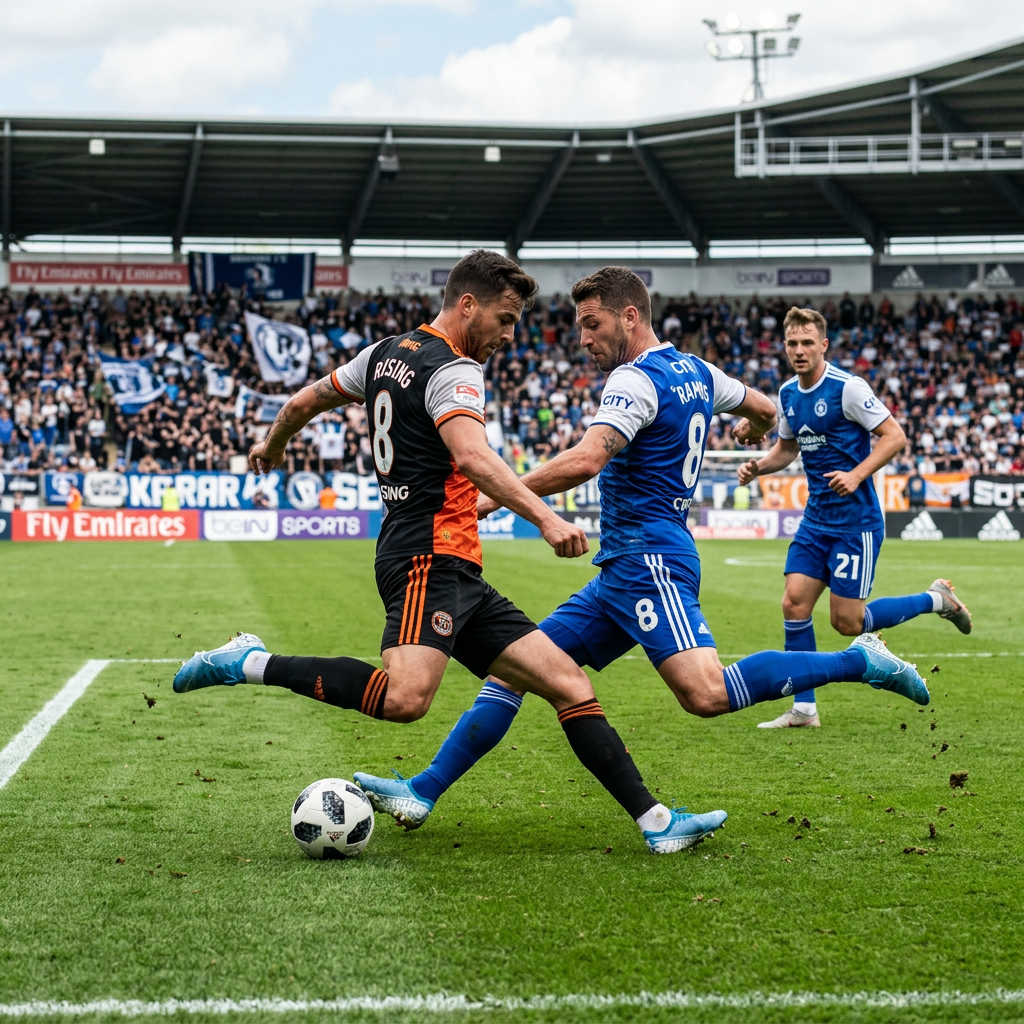 Two soccer players in blue and black kits competing for the ball near the goal line with a stadium crowd behind them