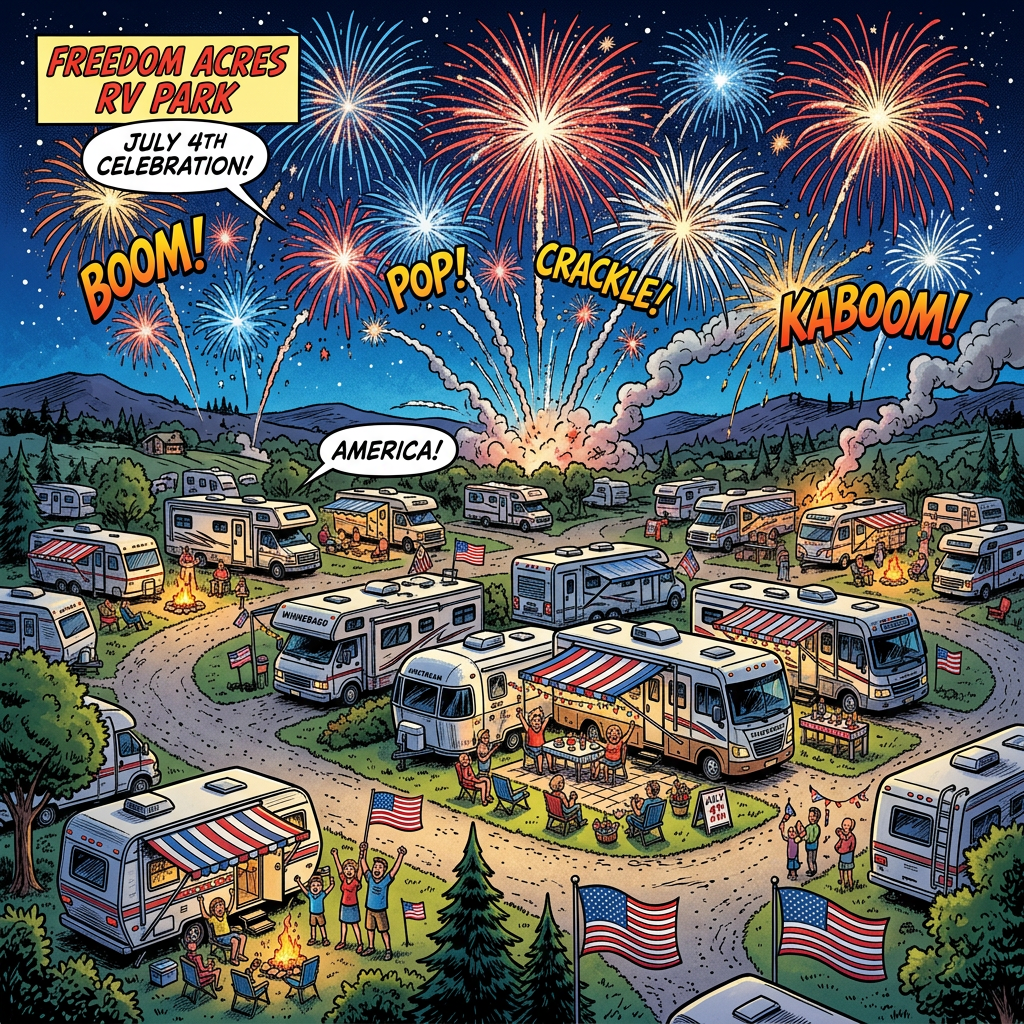 Fireworks lighting up the night sky above an RV park with families celebrating Fourth of July.