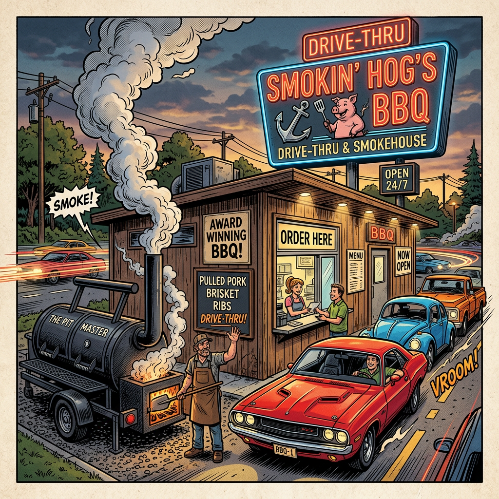 Drive-thru BBQ restaurant with smoker, line of cars, and staff serving customers