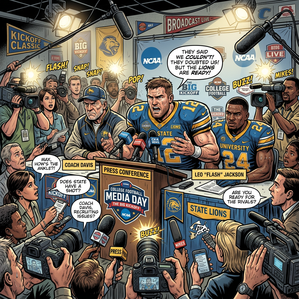 College football press conference with coach and players answering media questions and photographers taking pictures