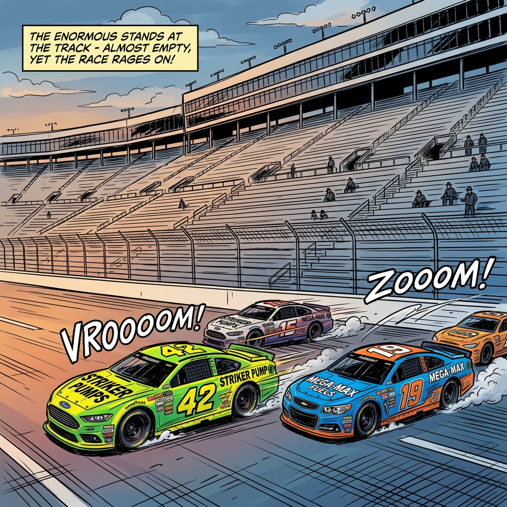 Four race cars speeding on a track with mostly empty grandstands in the background
