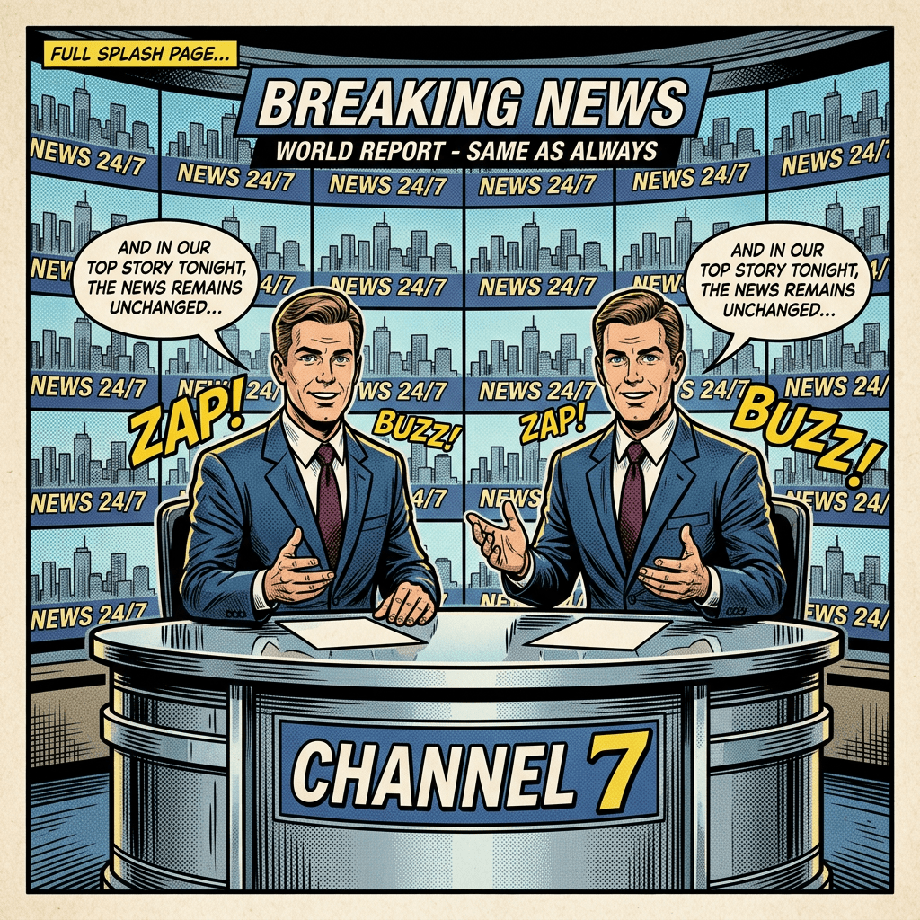 Two identical news anchors at Channel 7 desk repeating unchanged news headline