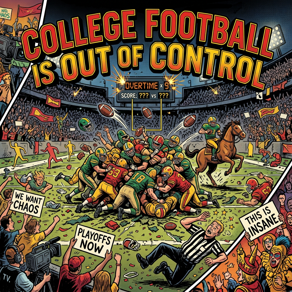 Retro football illustration with text: “COLLEGE FOOTBALL IS OUT OF CONTROL,” “OVERTIME x9,” “SCORE: ??? vs ???,” “WE WANT CHAOS,” “PLAYOFFS NOW,” and “THIS IS INSANE.”