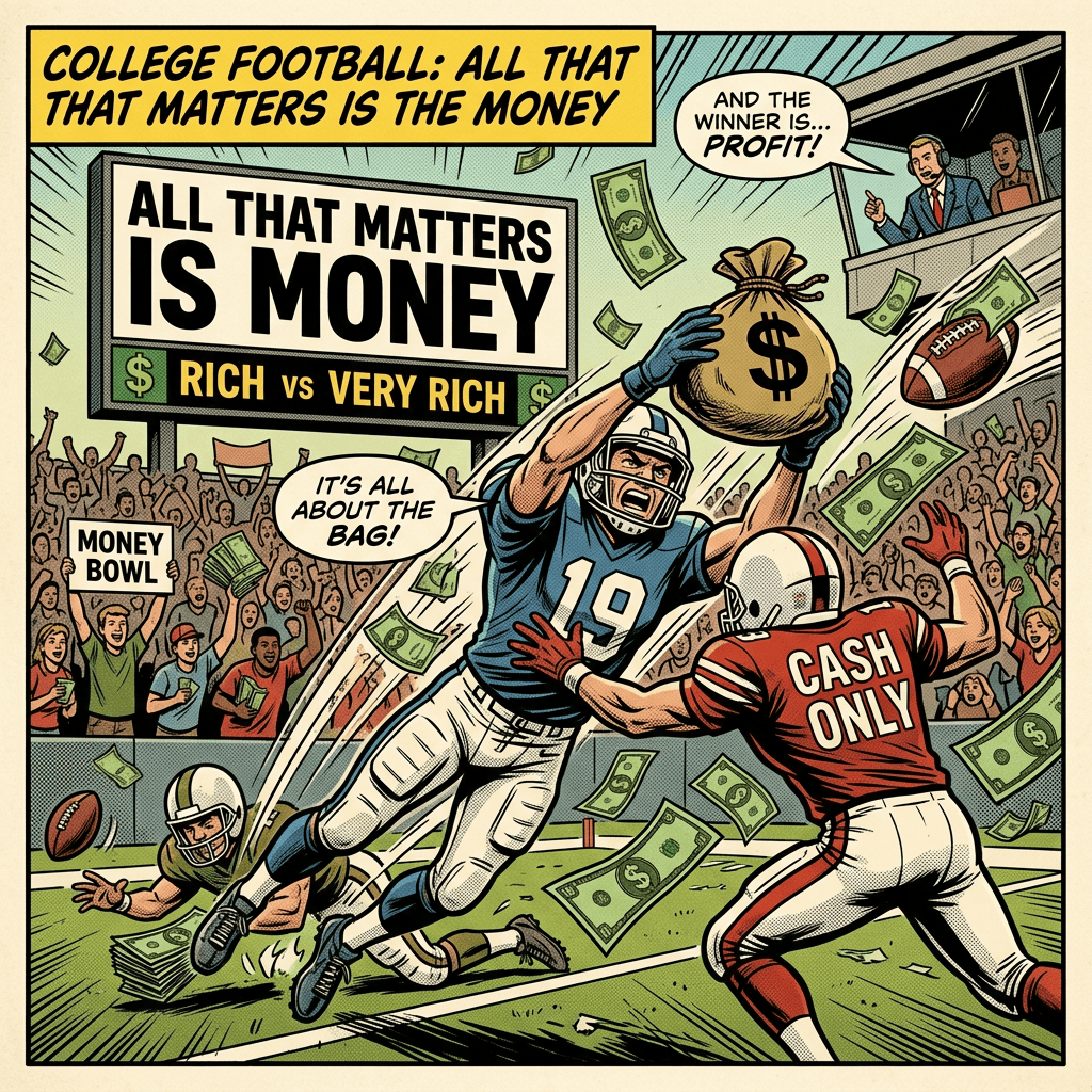 Comic of football players chasing a money bag amid flying cash and signs about profit