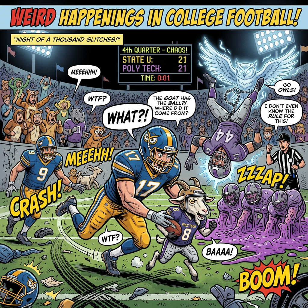 Comic titled "WEIRD HAPPENINGS IN COLLEGE FOOTBALL!" shows tied fourth-quarter game, flying owl, goat, and melting players.