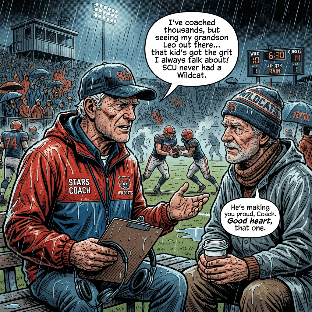 Coach and reporter discuss a rainy football game beside the field